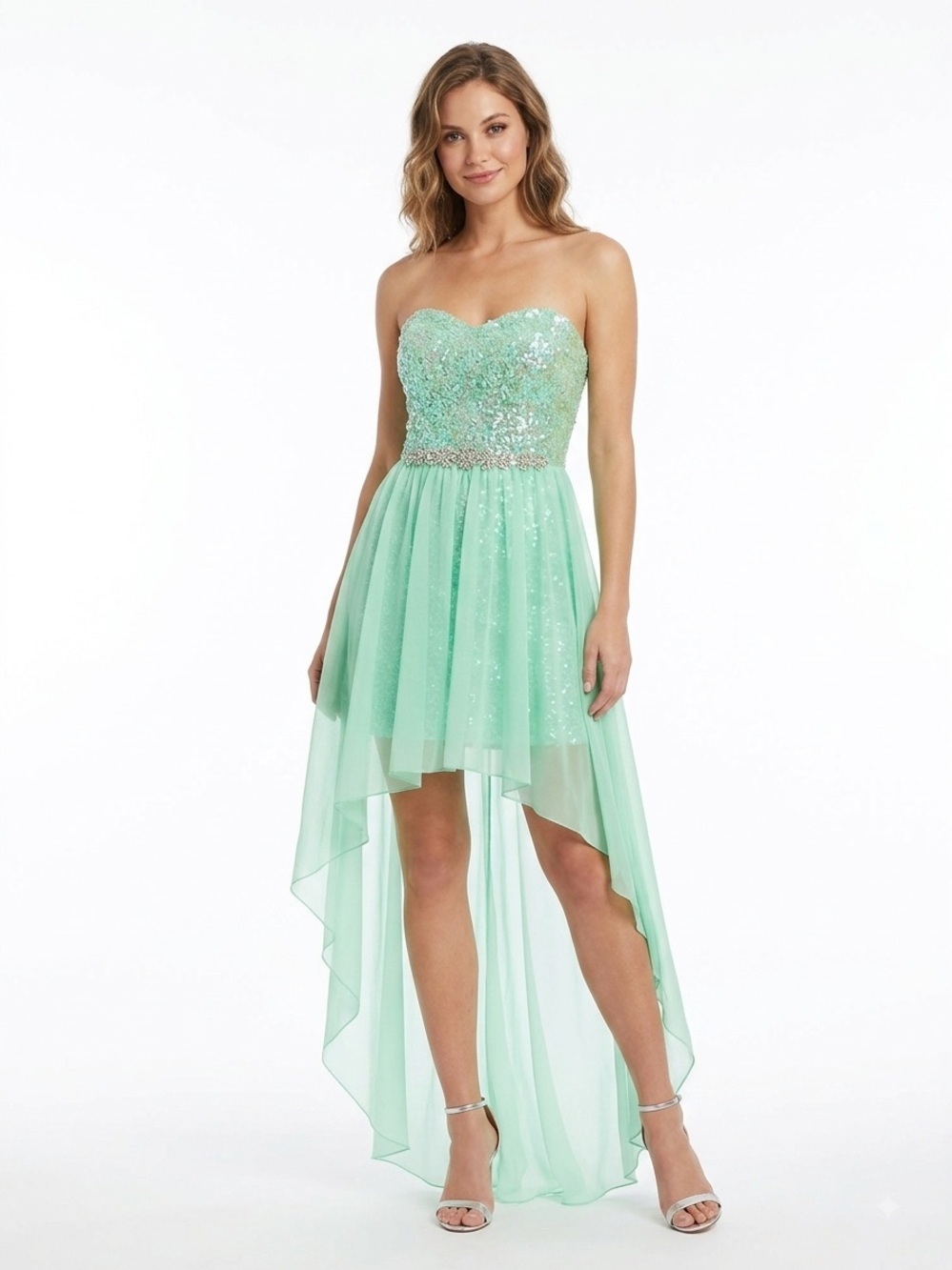 Jodi Kristopher Mint Sequin High Low Strapless Party Dress 7